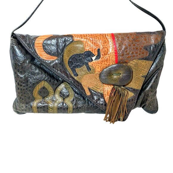 Genuine Pebble Leather Envelope Purse Embellish Design Elephant Tassel Crossbody - Picture 8 of 11